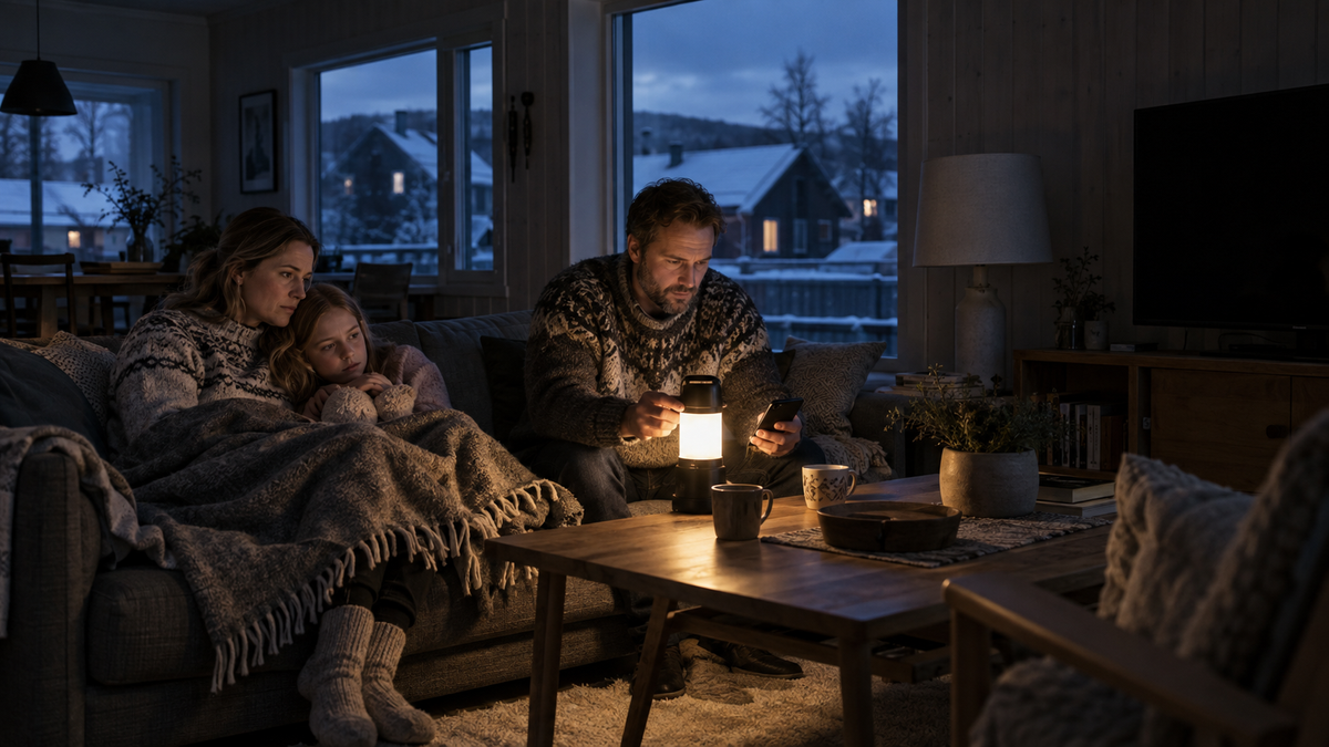 Familie som har mistet strømmen i hjemmet og har satt opp en enkel batterilykt på bordet
