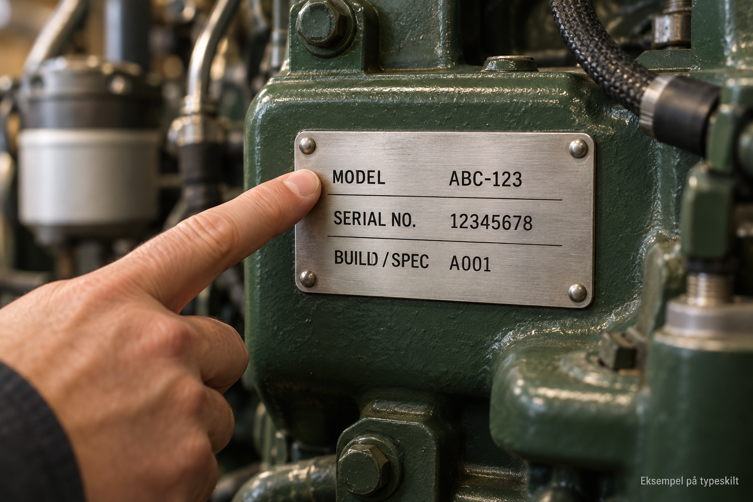 Eksempel på typeskilt: en finger peker på MODEL. SERIAL NO. og BUILD / SPEC står under.