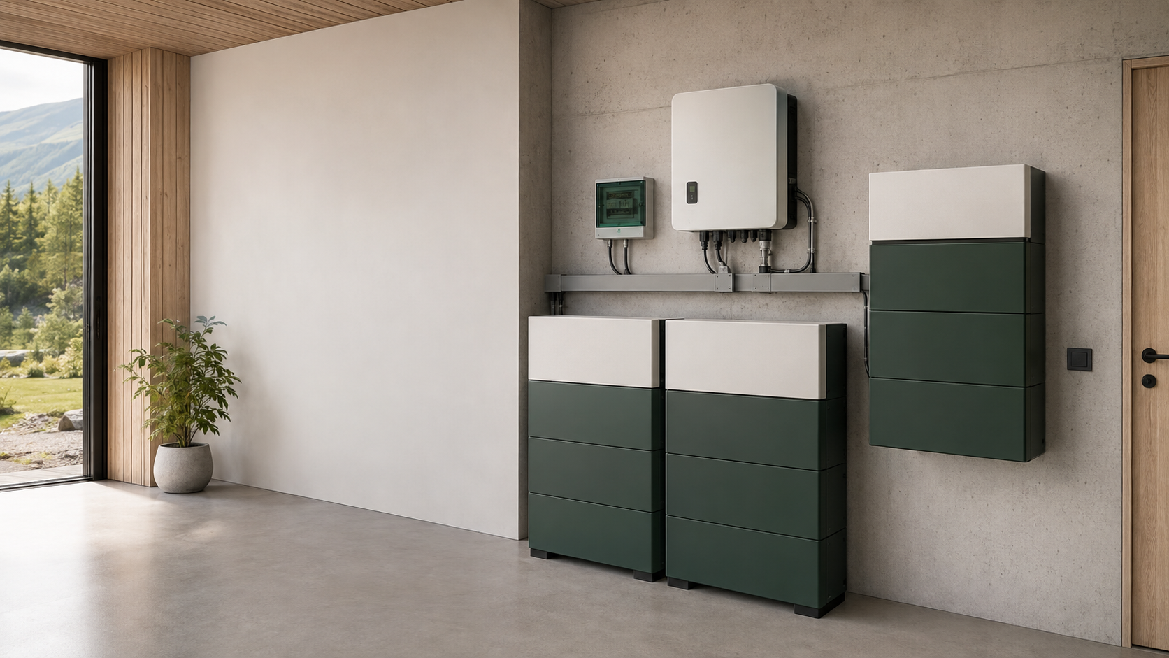 Moderne stasjonært litiumbatteri og inverter installert i et ryddig teknisk rom